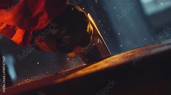Fototapeta Construction worker using a power saw to cut timber for framing. Featuring craftsmanship and focus