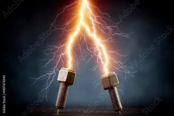 Fototapeta Lightning bolts connecting metal bolts in a dramatic and powerful display of electricity in a dark background