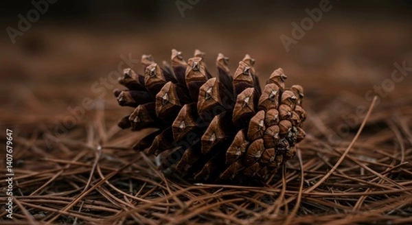 Fototapeta A brown pine cone rests on a bed of fallen pine needles