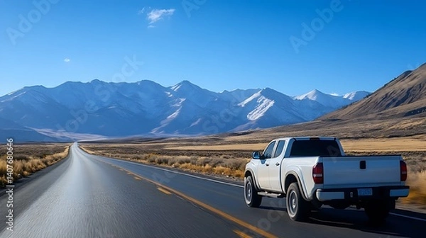 Fototapeta A dynamic shot of a white pickup truck in motion along a wide road with snowcapped mountains in the background : Generative AI