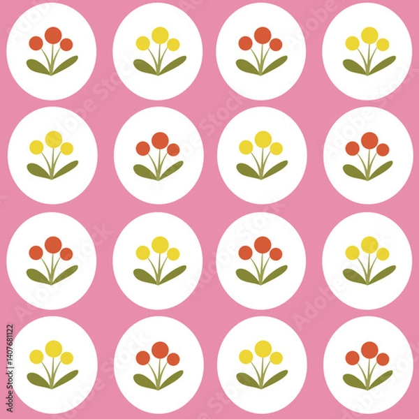 Obraz Seamless pattern of alternating white circles containing stylized red and yellow flowers with green leaves on a pink background. Cute and simple floral design.