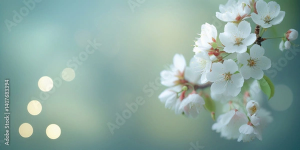 Fototapeta Cherry Blossom Branch with Soft Blue Bokeh – Spring Bloom Aesthetic