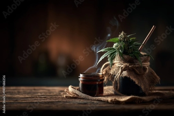 Fototapeta Herbal infusion in rustic setting with cannabis and steaming drink in jar