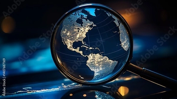 Fototapeta Magnifying glass revealing bright illuminated map of North America at night : Generative AI