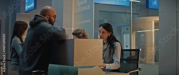 Fototapeta International Airport Terminal: Passenger Giving Passport and Flight Ticket to Female Airline Agent at Airport Check-in Counter before Boarding Flight. Security Checkpoint in Background. Slow Motion.