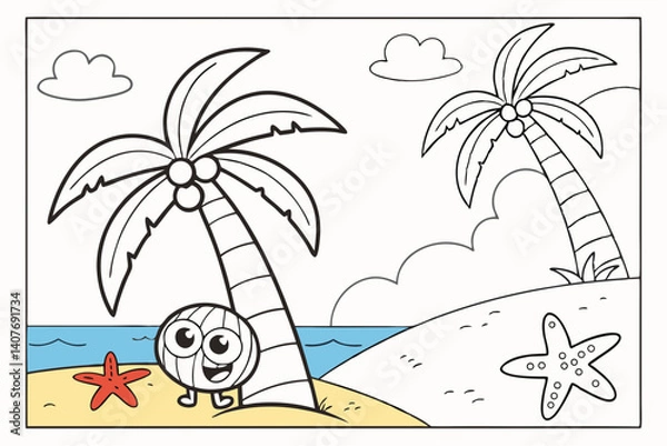 Fototapeta kids coloring page, a beach with a coconut tree and starfish, cartoonish, friendly, thick outlines