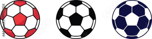 Fototapeta  Set of Three Soccer Balls - Different Colored Designs in Red, Black, and Blue