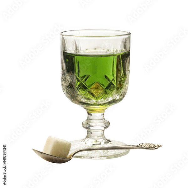 Fototapeta Absinthe preparation with sugar cube and spoon beverage photography elegant presentation