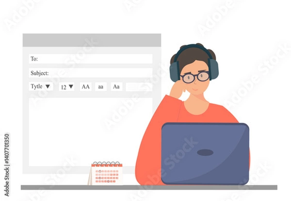 Fototapeta Person sending e-mail by internet, using laptop, edit mail, business email marketing, Email advertisement, flat vector illustration