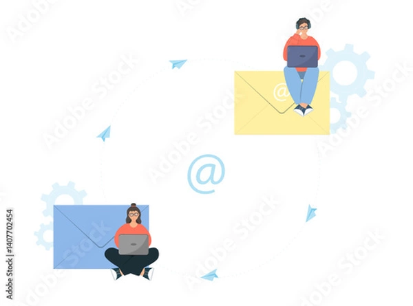 Fototapeta People sending e-mail, cooperation and teamwork concept, sending letter by internet, get letter, spam letter concept, flat vector illustration