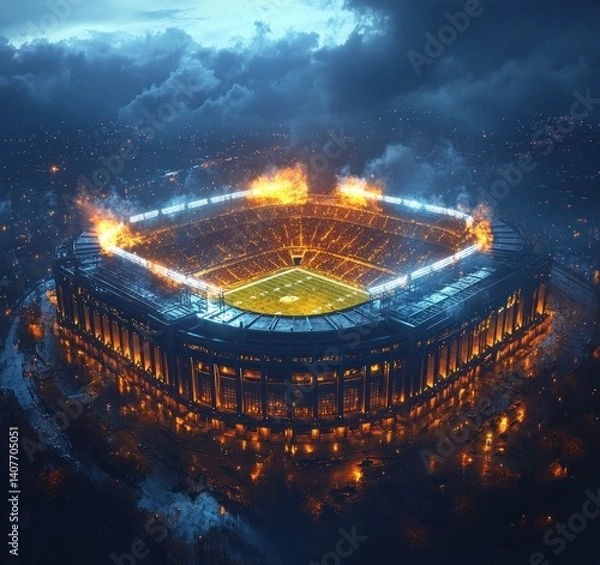 Obraz Soccer Stadium Aerial View Night Illuminated by Bright Lights