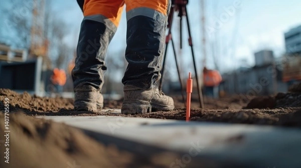 Fototapeta Surveyor marking boundaries at a construction site. Featuring precision and land measurement