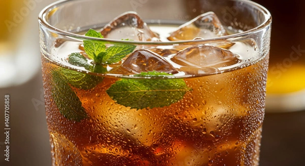 Fototapeta Refreshing iced tea with mint ice cubes in a glass perfect summer drink cool and crisp beverage