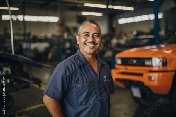 Fototapeta Smiling portrait of a middle aged Mexican car mechanic working in a car mechanic shop in the USA
