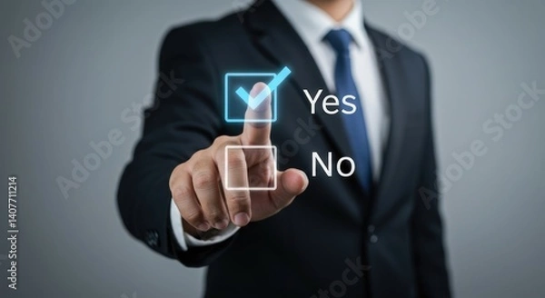 Fototapeta Businessman points to yes checkbox on digital interface against gray background.