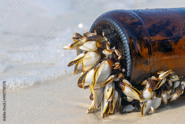 Fototapeta Colony of the pelagic gooseneck barnacle - Lepas anatifera, stuck to a glass bottle washed up from the sea