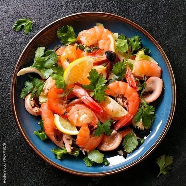 Obraz Salat mit Shrimps und Meeresfrüchten auf einer dunklen Tischplatte.