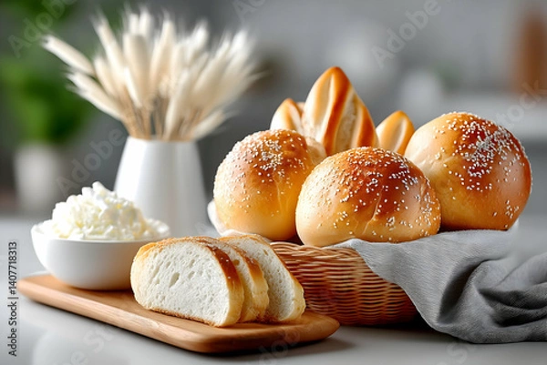 Fototapeta Fresh baked bread assortment in a wicker basket with cream cheese
