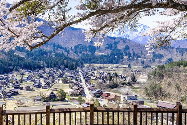 Fototapeta Shirakawa-go village as seen from Tenshukaku Observatory. Shirakawa-go is a small, traditional village showcasing a building style known as gassho-zukuri. Is located near the city of Takayama