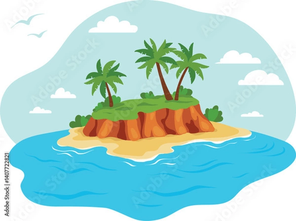 Obraz A tropical vector illustration of a small island with palm trees, sandy beach, and blue ocean under a bright sky with clouds and birds
