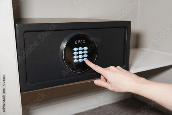 Fototapeta Hand Pressing Code On Digital Hotel Safe