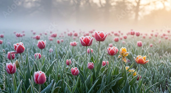 Fototapeta Frost kissed tulips in a misty dawn delicate pink and yellow blooms soft light serene field