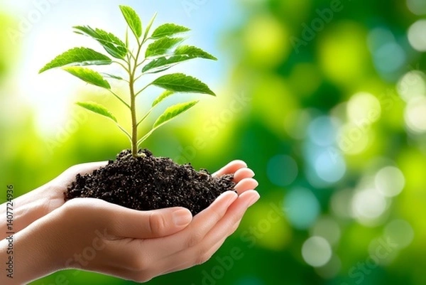 Obraz Hands Holding Small Green Plant with Soil in Natural Background