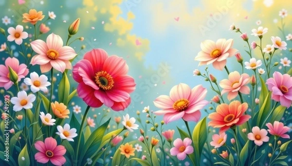 Fototapeta Seasonal Theme Illustrate a seasonal display with flowers representing spring and summer, surrounded by vibrant colors and soft light.