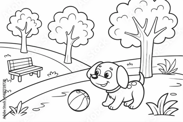 Fototapeta kids coloring page, a cute puppy playing ball in a park, cartoonish, friendly, thick outlines, no color