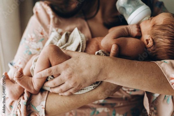Fototapeta Happy Mothers day! Mother hugging and feeding with bottle little newborn baby. Motherhood and parenthood. Adoption and fertility concept