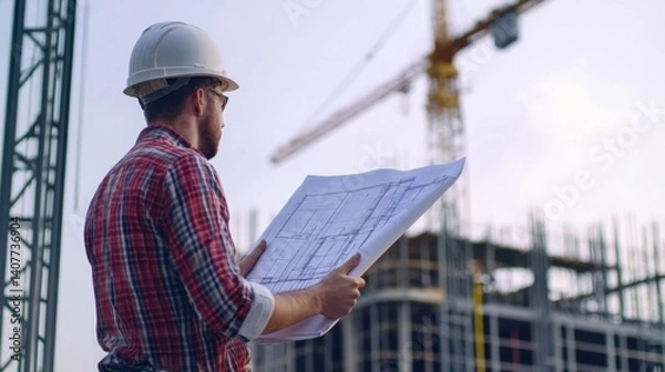 Fototapeta Structural engineer reviewing steel framework alignment at a construction site. Featuring precision and safety