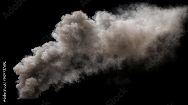 Fototapeta Dense and Large Plume of billowing Smoke with varying shades of gray and white spreading out on a Black Background