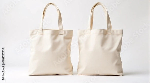 Fototapeta Photorealistic studio mockup of two plain beige canvas tote bags shown from a front angle. Soft dramatic lighting. Placed on a clean, minimalist background.
