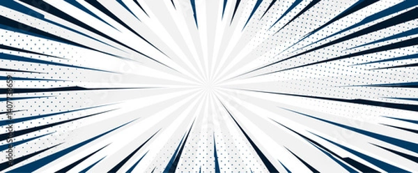 Fototapeta Comic pop art background. Vintage retro design. White radial backdrop with halftone elements.