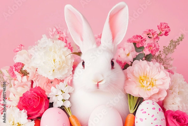 Obraz Easter background, Cute Bunny Rabbit with Pink Easter Eggs and Spring Flowers	
