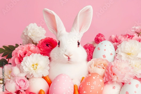 Obraz Easter background, Cute Bunny Rabbit with Pink Easter Eggs and Spring Flowers	
