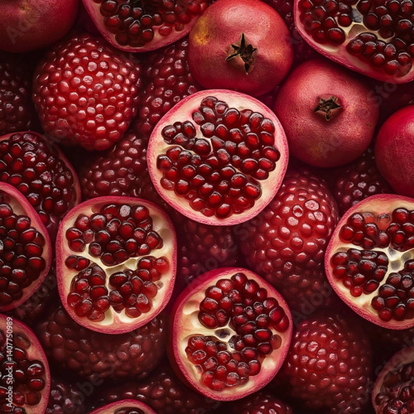 Fototapeta Juicy pomegranates, whole and open, showcasing vibrant red arils. A rich, textured image perfect for food blogs, magazines, or healthy lifestyle content.