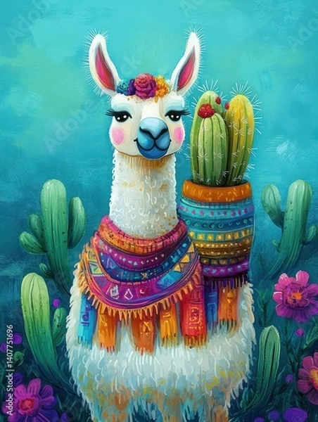 Fototapeta Whimsical Llama with Cactus in Vibrant Folk Art Style