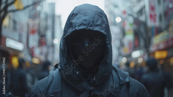 Fototapeta Person in anti-spy suit walks through modern city streets while evading surveillance cameras in high-tech environment