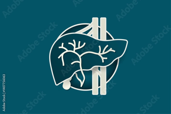 Fototapeta Healthy Liver illustration with gallbladder and cystic duct. Floating liver and Aorta and hepatic vein on colored background with white ring frame. Simple liver anatomy template with copy space. 
