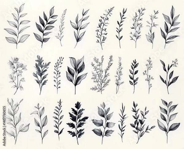 Fototapeta Botanical Elements Hand-Drawn Floral Vector Illustration for Weddings and Decor