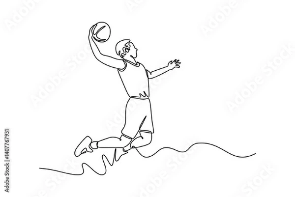 Fototapeta Continuous one line drawing young male basketball player makes slam dunk at national sport arena. Active strong sportsman on competitive game play. Single line draw design vector graphic illustration