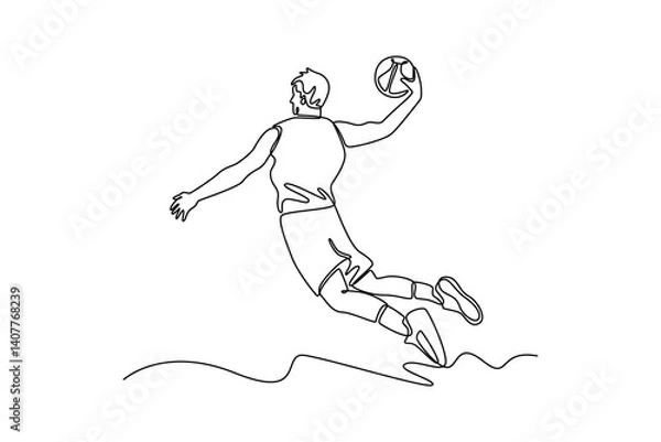 Fototapeta Continuous one line drawing back view of basketball player makes slam dunk on big professional arena during the game. Players wearing sport uniform. Single line draw design vector graphic illustration