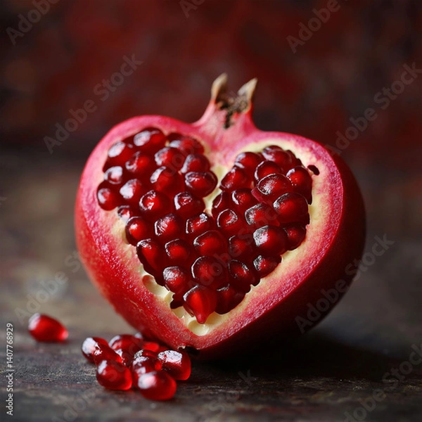 Fototapeta Close Up of Split Pomegranate with Glowing Red Seeds on Dark Textured Surface