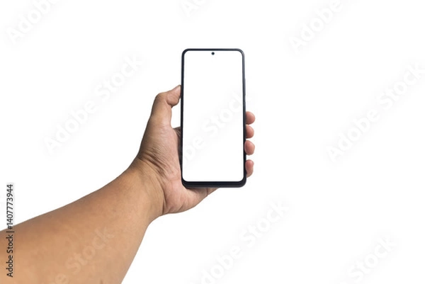 Fototapeta first person perspective of male hand holding smartphone with blank screen smartphone. isolated on white background. copy space. transparent png