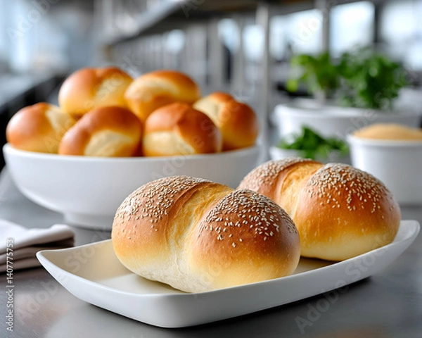 Fototapeta Two sesame rolls on a white plate with a bowl of similar rolls in the background
