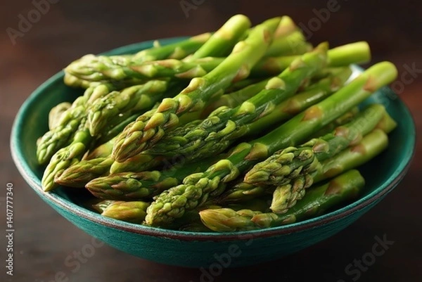 Fototapeta Freshly harvested asparagus displayed in a turquoise bowl, ready for cooking or serving at a dining table