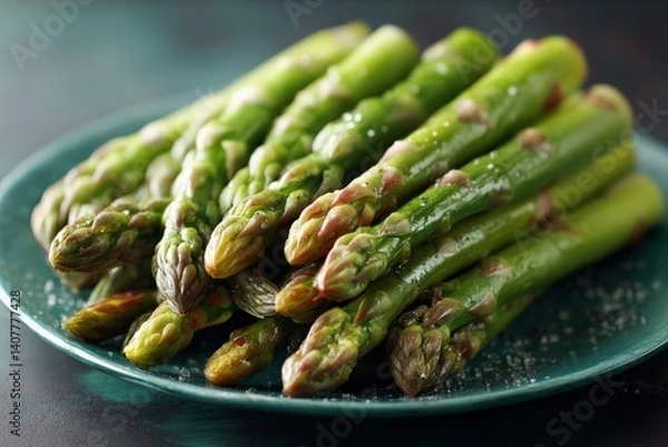 Fototapeta Fresh green asparagus spears arranged on a dark green plate with light seasoning sprinkled over them