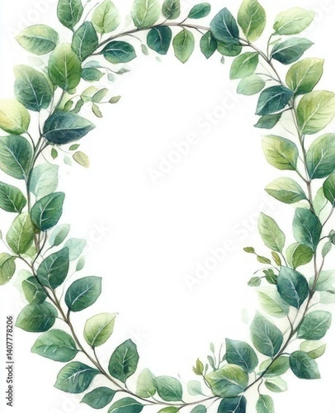 Fototapeta Watercolor Oval Frame of Green Leaves and Branches for Botanical Design and Floral Decor