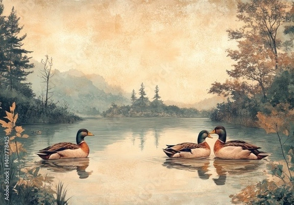 Fototapeta Mallard Duck Swimming in Serene Lake with Flock in Background Vintage Illustration